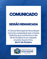 Sessão Ordinária é remarcada para o dia 01 de Outubro.